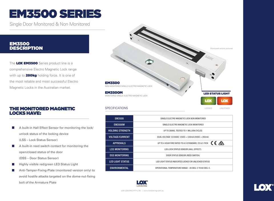 LOX EM3500 Electro Magnetic Slimline Single Lock, 280kg, Non Monitored, 12/24VDC 0